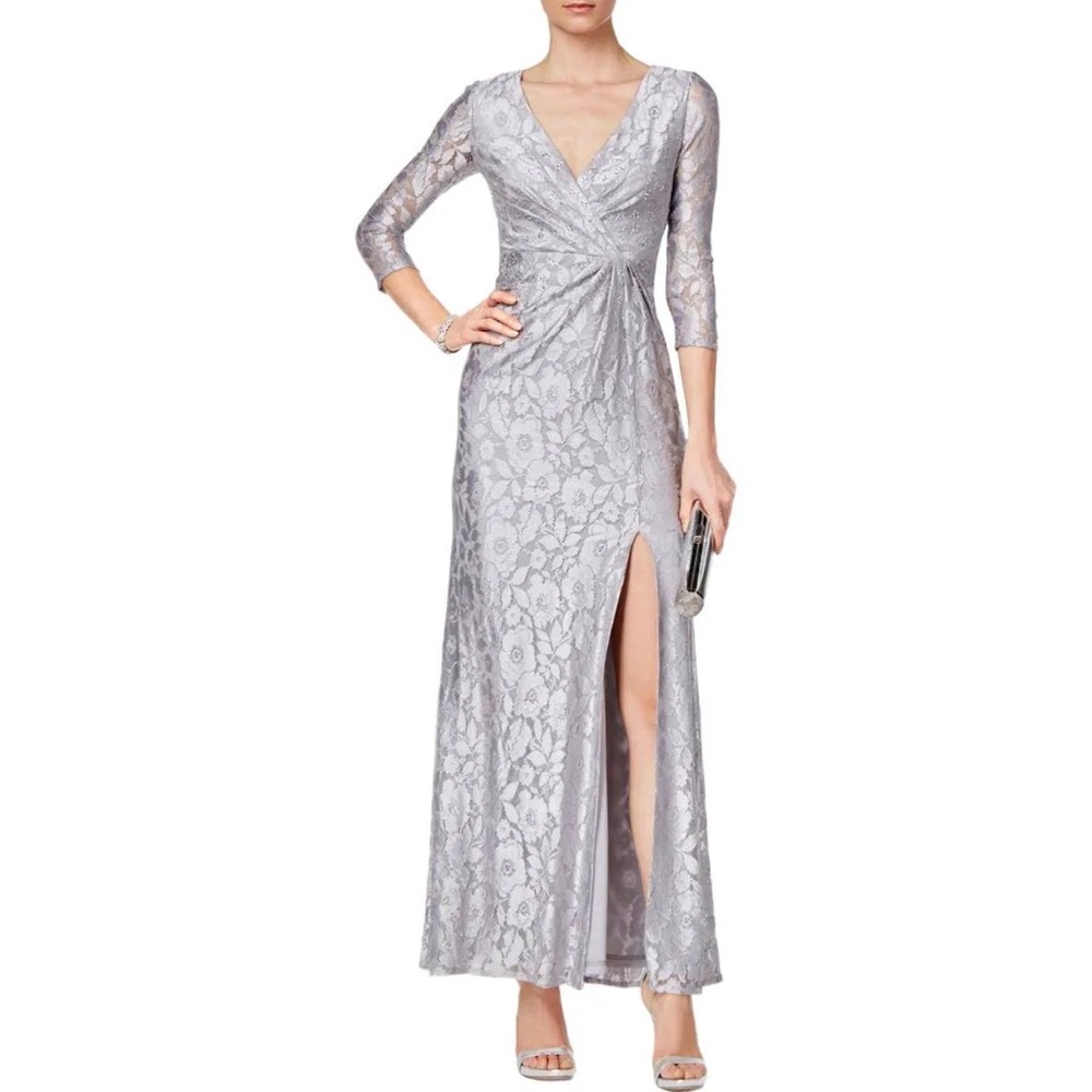 Adrianna Papell silver long sleeve wrap sequin lace dress with slit Size 10